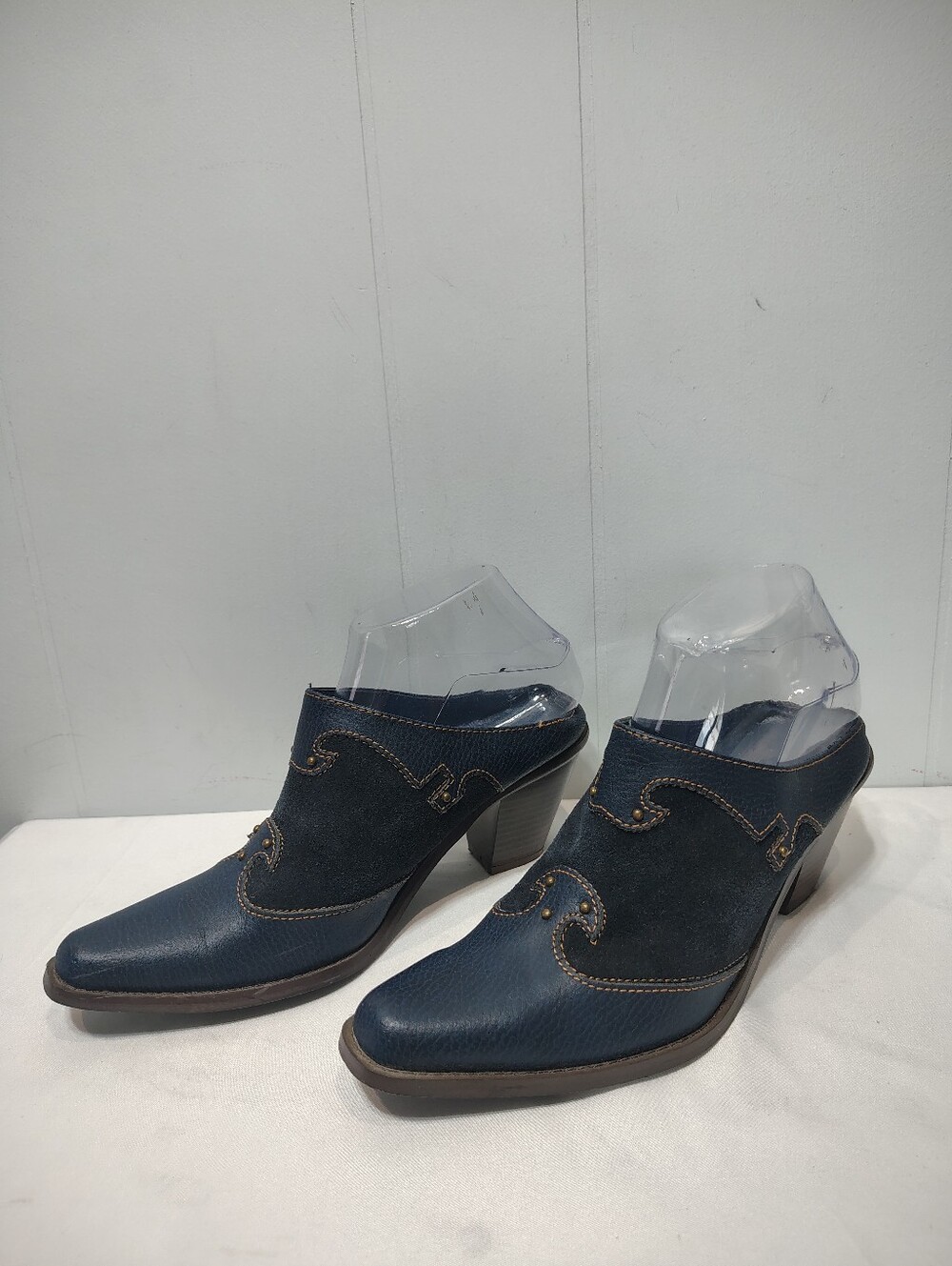 Genuine Suede Navy Blue Western Cowgirl Bootie Mules Pointed Toe Size 7